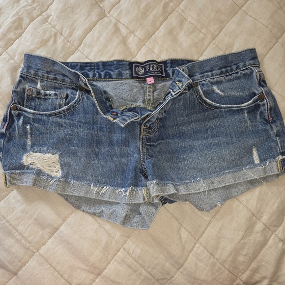 Victoria's Secret PINK Shorts 6 Denim Jean Ultra Low Rise Micro Shortie Y2K Cuff - Picture 1 of 12